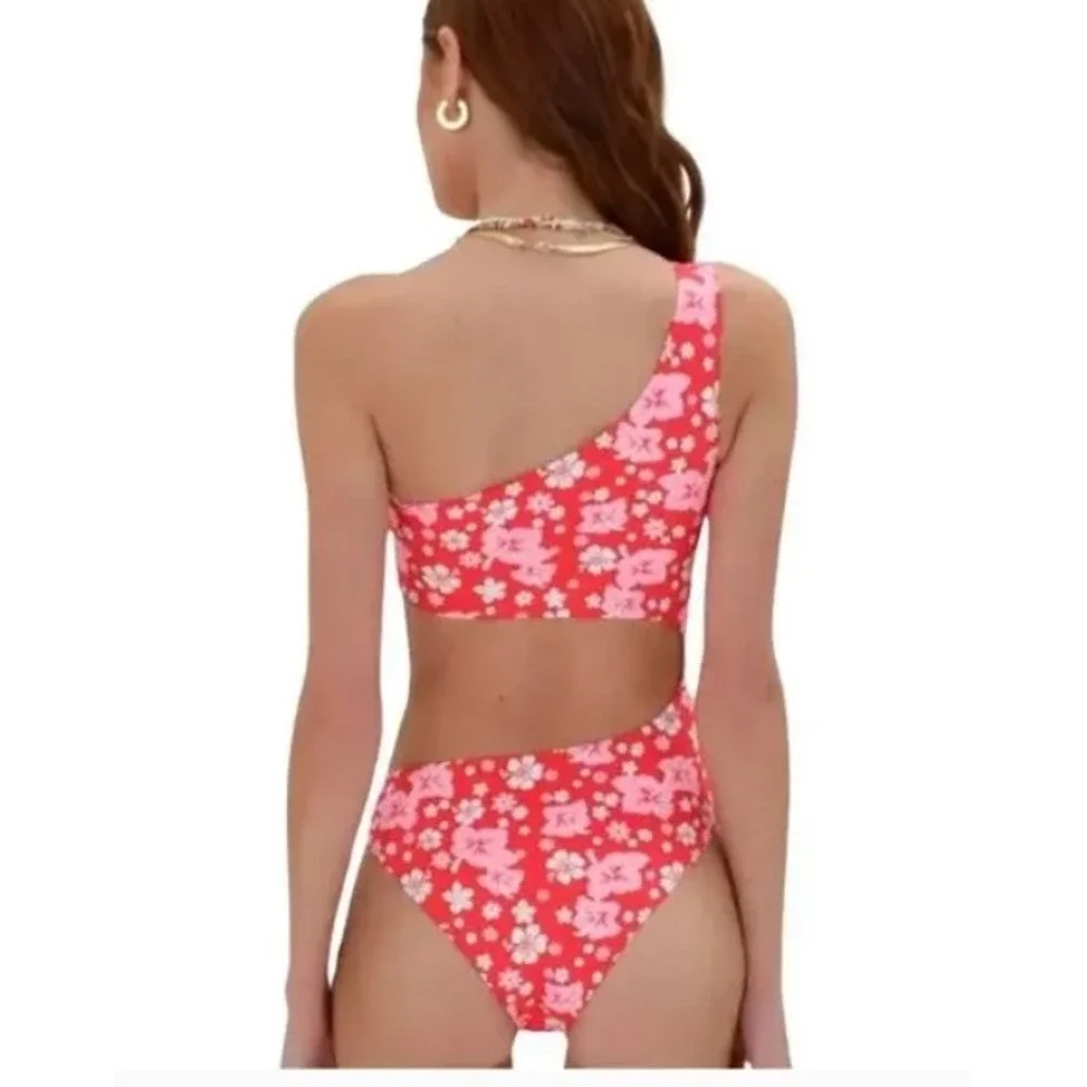 Frankies Bikinis Mila Red Pink Floral One Shoulder Cut Out Swimsuit Womens M